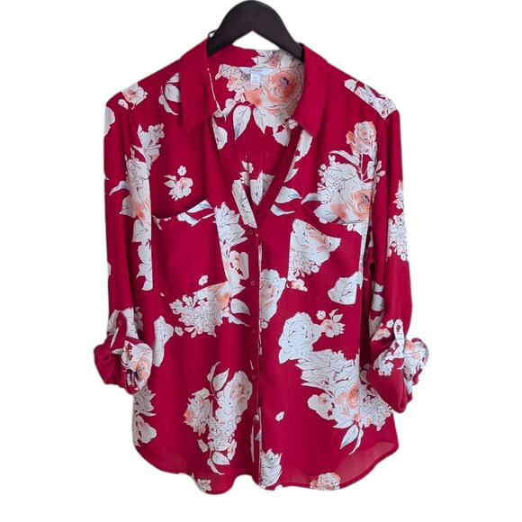 Candies Red Floral Button Up Collard Blouse With Rolled Sleeves XL - Picture 1 of 9